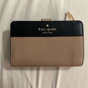 New Kate Spade Madison Medium Compact Bifold Wallet Beige And Black